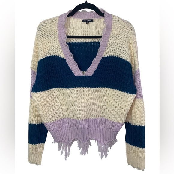 FASHION NOVA Knit VNeck Color Block Stripe Fringe Sweater Size 1XL - Picture 1 of 2